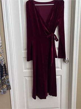 Velvet Wrap Midi Dress in Deep Burgundy